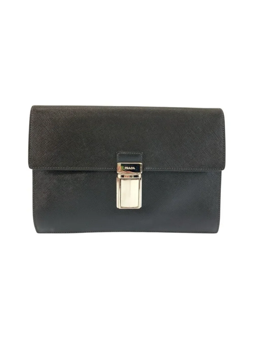 Prada Saffiano Black Silver Leather Clutch